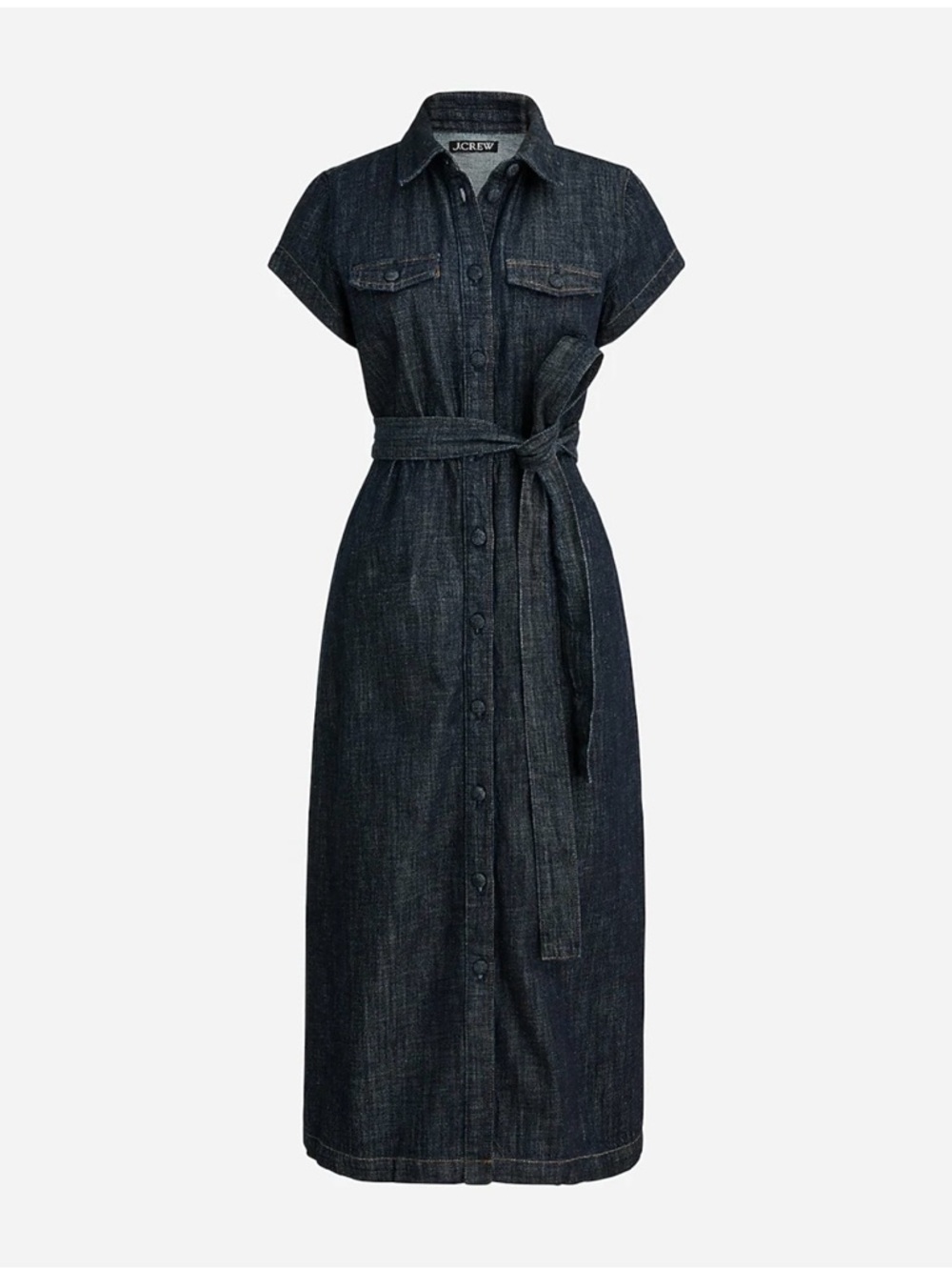 J. Crew Dark Indigo Denim Button-Front Midi Dress with Tie Waist business casual